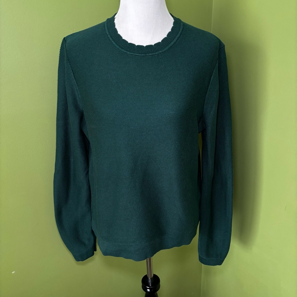 J. Crew Green Textured Crew Neck Sweater with Scalloped Neck